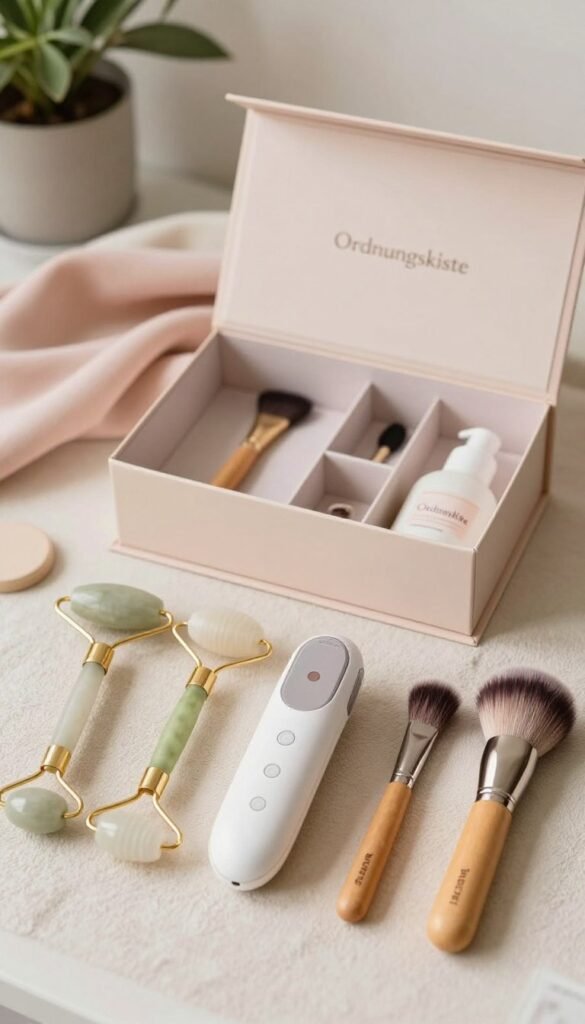 A beautifully arranged flat lay showcasing an array of beauty tools suitable for face care and everyday use. In the foreground, elegant tools like facial rollers, a microcurrent device, and a high-quality face brush are neatly placed on a soft, textured surface. The middle layer features a stylish, minimalistic beauty box labeled "Ordnungskiste," artfully opened to reveal compartmentalized spaces holding additional tools and accessories. In the background, blurred soft-focus elements such as potted plants and pastel-colored fabrics create a warm, inviting atmosphere. Soft, natural lighting enhances the colors and textures, creating a cozy, Pinterest-inspired look. The overall mood is organized, professional, and aesthetically pleasing, ideal for showcasing practical beauty tools.