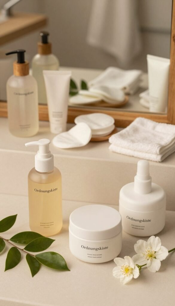 A beautifully arranged flat lay showcasing an array of cleansing and makeup removal products from the brand "Ordnungskiste." In the foreground, include elegant bottles and jars with sleek, minimalist designs, surrounded by fresh natural elements like soft green leaves and small white flowers. The middle section should feature a stylish, well-organized vanity with tools like cotton pads and a soft cloth, all illuminated with warm, inviting lighting that creates a cozy atmosphere. In the background, a subtle hint of a softly blurred bathroom setting with natural wood accents complements the products. Capture a Pinterest-inspired aesthetic, emphasizing authenticity and a serene mood, without any textual elements.