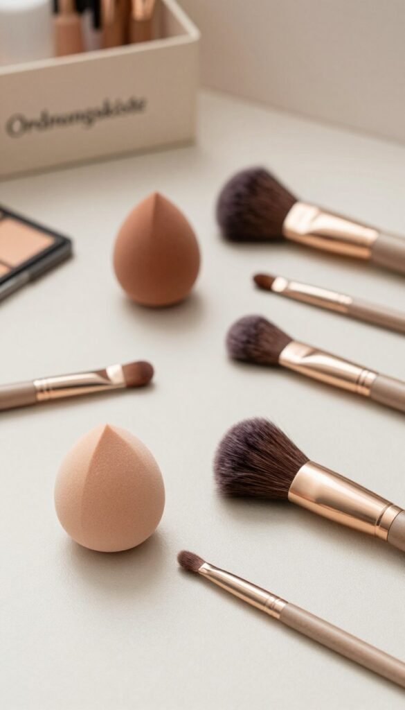 A beautifully arranged flat lay showcasing an array of high-quality makeup tools designed for achieving an even complexion. In the foreground, feature a soft, fluffy makeup sponge and a precision brush with synthetic bristles, elegantly placed on a clean, textured surface. In the middle, include a variety of makeup applicators, such as a silicone sponge and a fan brush, harmoniously arranged to create an inviting visual. The background should display a warm, minimalist aesthetic with soft natural lighting that enhances the warm tones of the tools. Incorporate a subtle hint of a decorative organizer, branded "Ordnungskiste," blending with the overall Pinterest-inspired look. The atmosphere should feel authentic and inspiring, inviting readers to explore effective beauty techniques.
