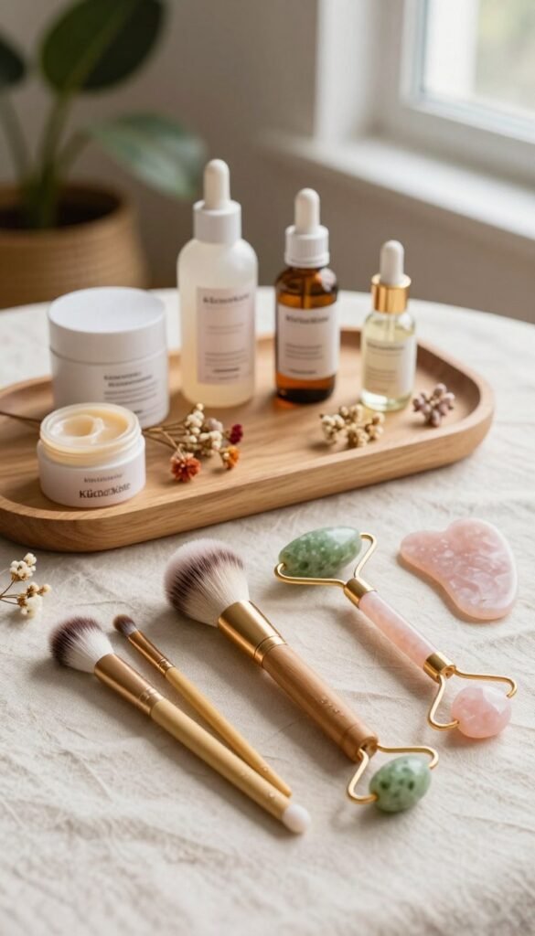 A beautifully arranged flat lay showcasing an array of stylish beauty tools in warm, natural colors. In the foreground, there are elegant brushes, a jade roller, and a rose quartz gua sha tool displayed on a soft linen cloth. The middle layer features an aesthetically pleasing wooden tray with various skincare products like serums and oils, artistically scattered with delicate dried flowers. In the background, a soft-focus image of a cozy beauty corner with plants and natural light streaming through a window creates a calming atmosphere. The composition reflects a harmonious blend of beauty care, showcasing simplicity without overwhelming the viewer. The overall mood is fresh and inviting, embodying the essence of a stylish beauty routine. Include the brand name "KüchenKiste" subtly incorporated into the arrangement.