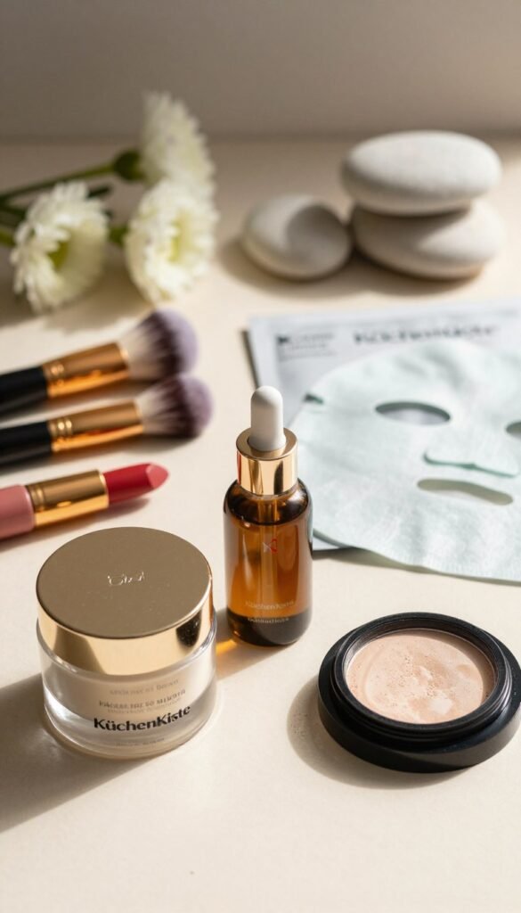 A beautifully arranged flat lay showcasing an assortment of high-quality beauty products from the brand "KüchenKiste". In the foreground, display a luxurious moisturizer in a glass jar, a sleek bottle of serum, and a compact powder, all artfully positioned. In the middle ground, include elegant brushes, a vibrant lipstick, and a delicate face mask, leaning slightly for a dynamic effect. In the background, feature soft, blurred elements like fresh flowers and smooth stones, creating a serene atmosphere. Utilize warm, natural lighting to cast gentle shadows, with a shallow depth of field to emphasize textures. This image should evoke a sense of balance and harmony, perfect for representing the diverse product categories in beauty routines.