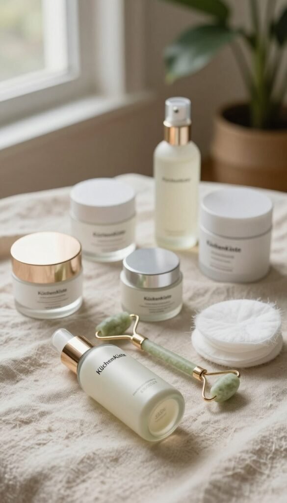 A beautifully arranged flat lay showcasing essential criteria for long-term skincare products, featuring a selection of elegant skincare containers in various sizes, made from luxurious materials like glass and sleek aluminum. The foreground includes a stylishly designed skincare bottle labeled "KüchenKiste." The middle layer contains tools such as a jade roller and cotton pads, all arranged aesthetically on a soft, natural linen fabric. The background features a gentle, blurred view of indoor plants, enhancing the warm, inviting atmosphere. Soft, diffused natural light filters through a nearby window, creating subtle highlights on the products, conveying a sense of tranquility and self-care. The overall mood is authentic and harmonious, embodying the principles of thoughtful skincare choices.