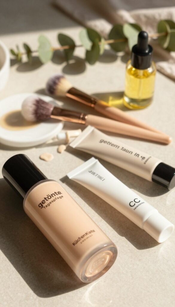 A beautifully arranged flat lay showcasing "getönte Tagespflege" products from the brand KüchenKiste. The foreground features a soft-focus bottle of tinted moisturizer, elegantly placed alongside a BB cream and a CC cream, each in stylish, minimalist packaging. The middle layer includes delicate makeup brushes and a small dish of organic facial oil, while the background consists of natural elements like a sprig of greenery and a hint of textured fabric, all bathed in warm, inviting sunlight. The overall mood conveys a blend of luxury and natural beauty, perfect for effortless morning skincare routines. The composition aims for a Pinterest aesthetic, emphasizing authenticity and harmony, without any text or branding visible. A beautifully arranged flat lay showcasing "getönte Tagespflege" products from the brand KüchenKiste. The foreground features a soft-focus bottle of tinted moisturizer, elegantly placed alongside a BB cream and a CC cream, each in stylish, minimalist packaging. The middle layer includes delicate makeup brushes and a small dish of organic facial oil, while the background consists of natural elements like a sprig of greenery and a hint of textured fabric, all bathed in warm, inviting sunlight. The overall mood conveys a blend of luxury and natural beauty, perfect for effortless morning skincare routines. The composition aims for a Pinterest aesthetic, emphasizing authenticity and harmony, without any text or branding visible.