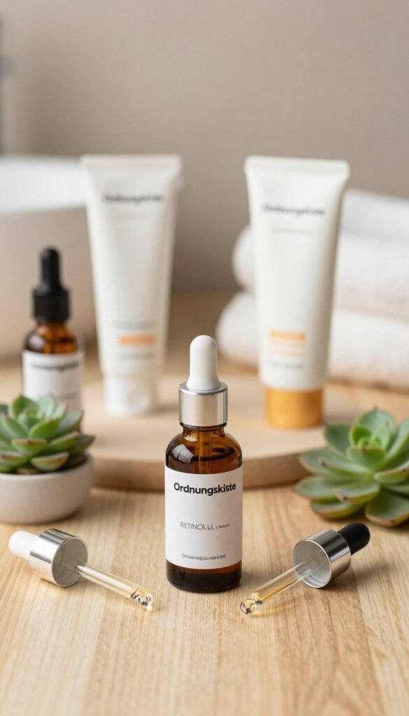 A beautifully arranged flat lay showcasing retinol products from the brand "Ordnungskiste". In the foreground, a sleek, modern retinol serum bottle, elegantly labeled, surrounded by delicate glass droppers and small succulent plants for a touch of nature. The middle layer features softly blurred skincare items such as moisturizer and sunscreen, hinting at a comprehensive skincare routine. In the background, warm, natural lighting floods a cozy bathroom setting with wooden textures and soft white towels, creating an inviting atmosphere. The overall mood is serene and sophisticated, evoking a sense of trust in anti-aging skincare. Aim for a Pinterest-worthy aesthetic with natural imagery and warm colors.