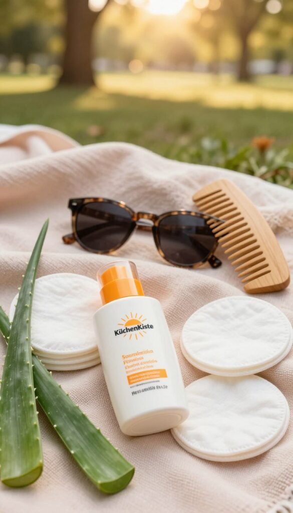 A beautifully arranged flat lay showcasing sun protection essentials for daily skincare. Foreground features a stylish bottle of "KüchenKiste" sunscreen, surrounded by organic cotton pads and vibrant green aloe vera leaves. In the middle, a trendy sunglasses pair and a natural wooden comb sit atop a soft, textured pastel cloth, evoking a warm and inviting feel. The background includes a blurred natural scene of a sunny park, with soft golden light filtering through trees, creating a serene atmosphere. The overall composition is warm-toned, with a Pinterest-inspired aesthetic, emphasizing the importance of daily sun protection as a critical anti-aging measure. The image radiates authenticity and calmness without any text or overlays.