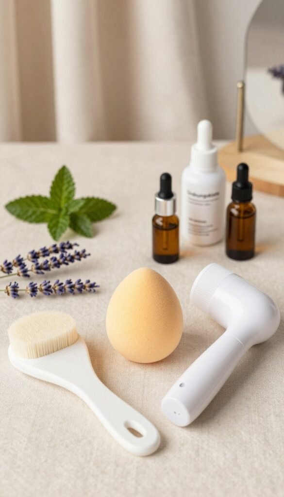A beautifully arranged flat lay showcasing various facial cleansing devices tailored to different skin types, emphasizing their unique features and benefits. The foreground displays a selection of devices like a silicone brush, a cleansing sponge, and an ultrasonic cleaner, all elegantly positioned on a soft, textured fabric. The middle ground includes small decorative elements like fresh herbs, lavender sprigs, and essential oils, enhancing the natural and soothing atmosphere. In the background, a warm, cozy setting with soft lighting creates an inviting vibe, reminiscent of a stylish beauty studio. The brand name "Ordnungskiste" is subtly integrated into the design, maintaining an authentic Pinterest-inspired aesthetic. The overall mood is calming and inviting, with an emphasis on self-care and tailored skincare routines.
