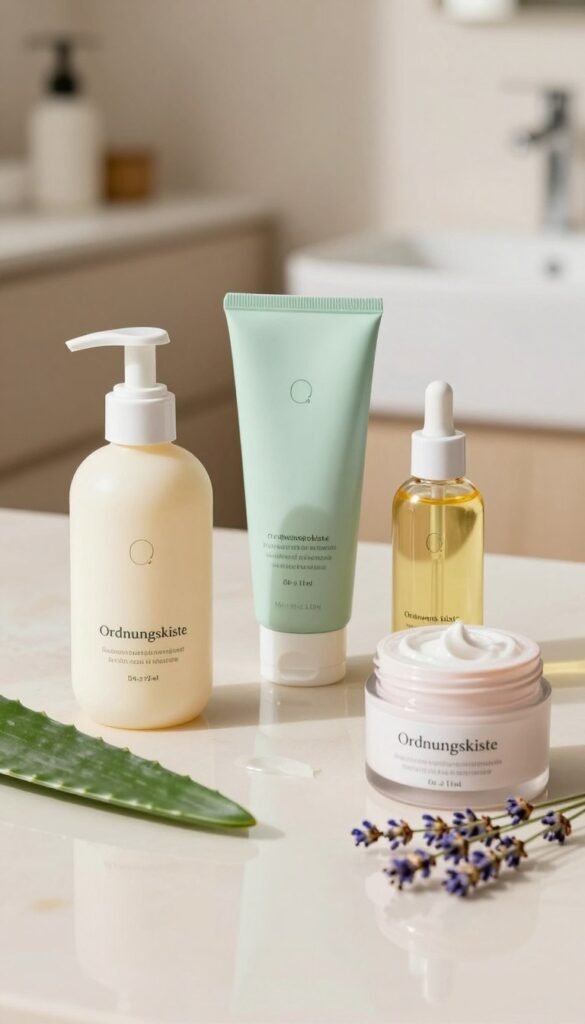 A beautifully arranged flat lay showcasing various moisturizing products labeled "Ordnungskiste." The composition includes a creamy lotion, a hydrating gel, a nourishing oil, and a rich cream, each in elegant containers with soft pastel colors. In the foreground, delicate botanical elements like aloe vera leaves and lavender sprigs add a natural touch, while in the middle, there's a serene, light-reflecting surface that enhances the product’s textures. The background features a softly blurred, minimalistic bathroom aesthetic with warm, inviting lighting that creates a cozy atmosphere. The image evokes a sense of calm and well-being, making it ideal for conveying the importance of selecting the right moisturizer for skincare routines.