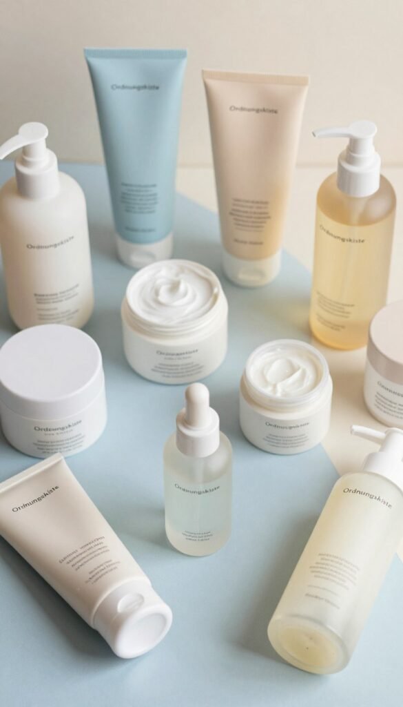 A beautifully arranged flat lay showcasing various skincare products specifically designed for oily skin. In the foreground, emphasize a selection of items from the brand "Ordnungskiste," including cleansers, toners, and moisturizers, elegantly displayed with their labels facing up. In the middle, include an assortment of light, airy textures like creams and gels in beautiful, minimalist packaging, reflecting diverse price ranges. The background features a soft, warm color palette of pastel blues and creams, creating an inviting and calming atmosphere. Use natural lighting to enhance the products' textures, casting gentle shadows that emphasize their features. The overall look should feel authentic and curated, embodying a Pinterest aesthetic while avoiding any text or branding overlays.
