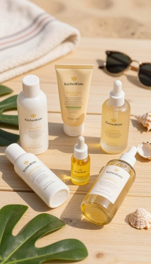 A beautifully arranged flat lay that showcases a variety of sun protection products, including a fluid, an oil, and a mixed solution, all branded with "KüchenKiste." In the foreground, place the products neatly on a light wooden surface, surrounded by fresh green leaves and a small shell or two to evoke a beach atmosphere. In the middle section, softly diffuse sunlight creates warm golden tones, enhancing the natural and inviting feel of the scene. In the background, softly blurred elements such as a beach towel and a pair of sunglasses hint at relaxation and outdoor enjoyment. The overall mood is serene and summery, highlighting the importance of skincare while evoking a Pinterest aesthetic of authenticity and warmth. Ensure no text, logos, or other distractions are present in the image.