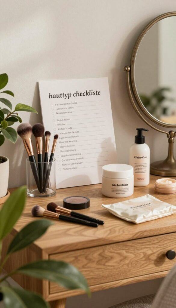 A beautifully arranged "hauttyp checkliste" on a wooden vanity table, showcasing various beauty tools like makeup brushes, skincare products, and an elegant mirror. In the foreground, there are lush plants adding a touch of greenery. The middle scene includes a checklist elegantly displayed next to the beauty tools, emphasizing the importance of selecting the right items. The background is softly blurred, featuring warm, natural lighting that creates a cozy, inviting atmosphere. The aesthetic is reminiscent of Pinterest with warm colors and an authentic feel, enhancing the visual appeal of the beauty tools. The brand "KüchenKiste" is subtly represented through chic packaging on the table.