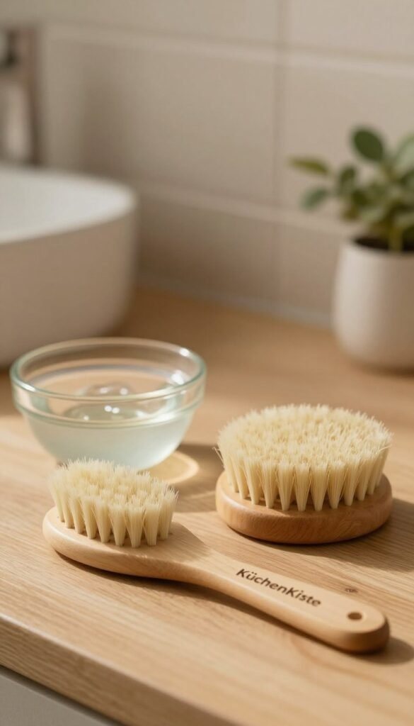 A beautifully arranged image of a manual facial cleansing brush, branded with "KüchenKiste". In the foreground, the brush is placed elegantly on a natural wooden surface, with its bristles soft and inviting. The middle ground features a small glass bowl filled with a gentle cleansing gel beside the brush, creating a soothing aesthetic. The background is softly blurred, showcasing a warm, softly lit bathroom setting with simple, neutral-colored tiles and plants, adding a touch of freshness. The lighting is warm and diffused, reminiscent of a cozy dawn, enhancing the natural colors of the brush and gel. The overall mood is peaceful and nurturing, embodying the essence of a thorough yet gentle skincare routine.