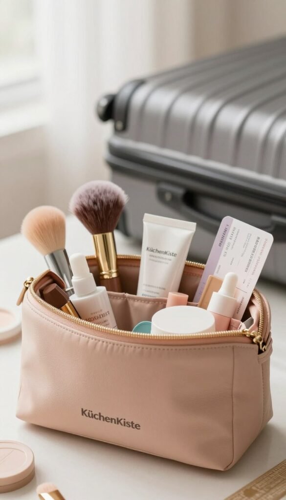 A beautifully arranged kosmetiktasche (cosmetic bag) from the brand "KüchenKiste" sits prominently in the foreground, displaying a rich array of travel-sized beauty tools. The bag, elegantly designed with soft, warm colors, features zippers and compartments visibly filled with various products like mini-serums, brushes, and lipsticks, evoking a sense of organization and style. In the middle ground, a blurred outline of a travel setting, perhaps a suitcase and plane tickets, suggests a traveler’s preparation. The background features soft, natural light filtering through, creating an inviting and serene atmosphere reminiscent of a well-curated Pinterest aesthetic. The composition is shot at a slight angle, highlighting the texture of the kosmetiktasche, without any text or distractions, ensuring a fresh and authentic appearance.