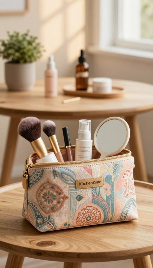 A beautifully arranged kosmetiktasche from the brand "KüchenKiste" sits elegantly in the foreground. The bag features a sophisticated design with a blend of soft pastel shades and intricate patterns. Inside, a selection of essential travel beauty tools, such as compact brushes, travel-sized skincare bottles, and a small mirror, complements the tote. The middle ground showcases a delicate wooden table adorned with subtle, natural elements like a small potted plant and artisanal beauty items, creating an inviting atmosphere. In the background, softly blurred warm light filters through a window, casting gentle shadows and enhancing the cozy, Pinterest-inspired aesthetic. This scene evokes a sense of wanderlust and careful consideration of beauty essentials for travelers, all without any text or branding disruptions.