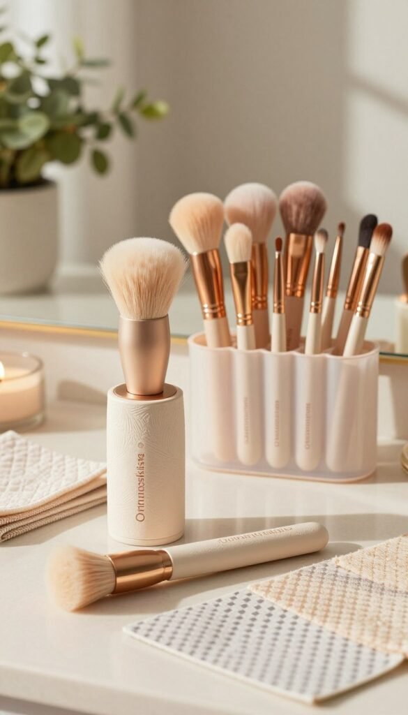 A beautifully arranged layout featuring a high-quality brush cleaning set from the brand "Ordnungskiste". In the foreground, showcase a sleek, modern brush cleaner with intricate details and a soft, textured finish. Surround this with various cleaning mats, displayed elegantly, and highlight their unique patterns. In the middle ground, include a well-organized assortment of clean, vibrant makeup brushes radiating freshness, emphasizing their hygienic appeal. The background should consist of a softly blurred vanity setting, adorned with natural elements like gentle green plants and warm lighting that creates a cozy atmosphere. Capture the image in warm colors, focusing on natural light filtering in, evoking a serene and inviting mood, ideal for beauty enthusiasts. Ensure the composition is balanced and aesthetically pleasing, with no text or distractions, reflecting an authentic Pinterest-inspired look.