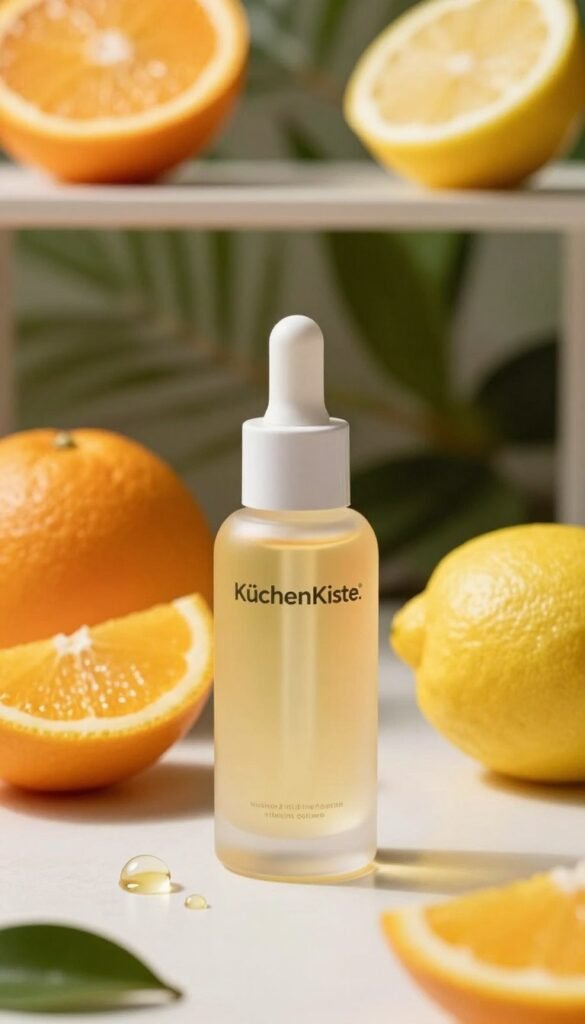 A beautifully arranged layout featuring a luxurious vitamin C serum bottle, prominently displaying the brand name "KüchenKiste." In the foreground, the serum bottle is elegantly illuminated, emphasizing its shiny glass texture and minimalist design. Surrounding the bottle are fresh citrus fruits like oranges and lemons, along with small droplets of serum, symbolizing its freshness and potency. The middle layer includes a soft-focus background of greenery, suggesting a natural and organic vibe. Soft, warm lighting creates a cozy and inviting atmosphere, enhancing the authenticity of the scene. Capture the image with a slight angle to add depth, while maintaining a clear focus on the serum, evoking a sense of elegance and wellness.