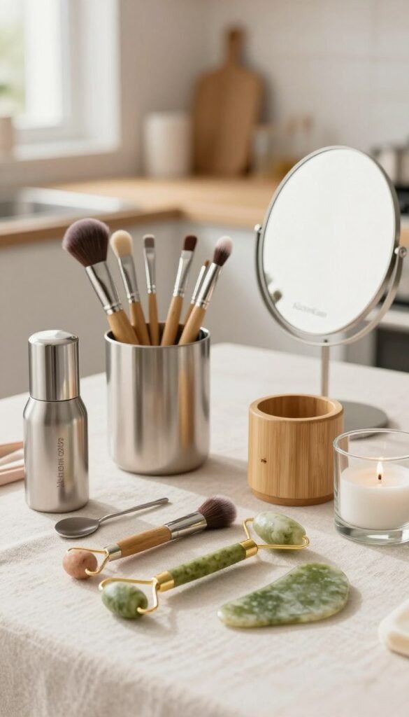 A beautifully arranged layout of various beauty tools made from different materials such as stainless steel, bamboo, and glass. In the foreground, there are elegant skin care tools, like a facial roller and a gua sha, positioned on a soft, textured fabric. The middle ground features a carefully organized display of makeup brushes, manicure tools, and a sleek mirror, each highlighting the unique materials. The background softly fades into a warm, inviting kitchen environment, reflecting a Pinterest-inspired aesthetic with natural light streaming through a window, enhancing the tranquil atmosphere. The brand name "KüchenKiste" is subtly integrated into the scene, ensuring a harmonious and authentic look without any text overlays. The overall mood conveys sophistication and simplicity, emphasizing the application and benefits of these beauty tools. A beautifully arranged layout of various beauty tools made from different materials such as stainless steel, bamboo, and glass. In the foreground, there are elegant skin care tools, like a facial roller and a gua sha, positioned on a soft, textured fabric. The middle ground features a carefully organized display of makeup brushes, manicure tools, and a sleek mirror, each highlighting the unique materials. The background softly fades into a warm, inviting kitchen environment, reflecting a Pinterest-inspired aesthetic with natural light streaming through a window, enhancing the tranquil atmosphere. The brand name "KüchenKiste" is subtly integrated into the scene, ensuring a harmonious and authentic look without any text overlays. The overall mood conveys sophistication and simplicity, emphasizing the application and benefits of these beauty tools.