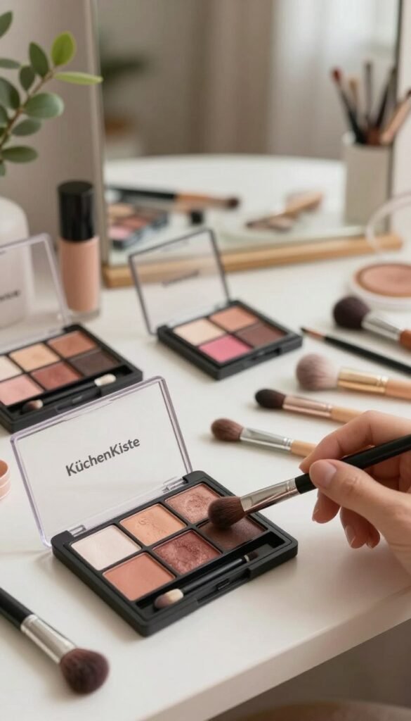 A beautifully arranged makeup scene showcasing an artistic palette of eyeshadow, highlighting various shades from earthy tones to vibrant colors. In the foreground, an open eyeshadow palette from the brand "KüchenKiste" is surrounded by soft brushes, with a hint of a hand gently swiping a brush across a shade. The middle layer features a stylish, well-organized vanity with natural lighting flowing in, creating a warm, inviting atmosphere. The background includes soft, blurred elements of a cozy room adorned with greenery, enhancing the ambiance. The composition should evoke a sense of calm creativity, encouraging the viewer to appreciate the art of using makeup without pressure. Aim for a Pinterest-inspired aesthetic, focusing on authenticity and beauty.