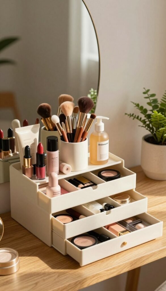 A beautifully arranged makeup storage scene, featuring various beauty products neatly organized in stylish containers by the brand "Ordnungskiste." The foreground shows an open multi-compartment beauty organizer displaying lipsticks, brushes, and skincare bottles in warm, inviting tones. In the middle, a wooden vanity table enhances the aesthetic, complemented by a few decorative plants that add a touch of nature. The background reveals soft, diffused lighting that creates a cozy atmosphere, reminiscent of a modern beauty studio. A touch of sunlight streams in, highlighting the textures of the products and containers. Overall, the image embodies an authentic, Pinterest-inspired vibe that resonates with everyday beauty product storage solutions.