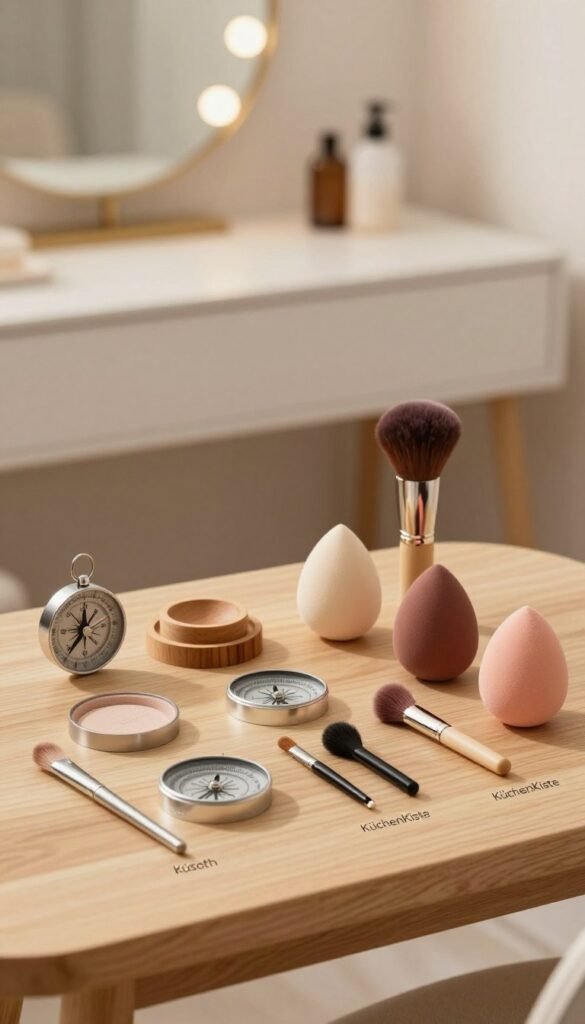 A beautifully arranged material compass for beauty tools, showcasing various textures and colors associated with makeup application and skin care. In the foreground, a sleek, minimalist wooden tabletop displays an assortment of materials such as stainless steel, silicone, and natural wood; each section labeled subtly by distinct design features. In the middle, soft focus images of stylish beauty tools like brushes, sponges, and applicators emerge, highlighting their material compositions. The background should feature a softly lit, elegant vanity with warm, inviting colors that enhance the authenticity of the scene, reminiscent of a Pinterest aesthetic. Incorporate a light, gentle bokeh effect to create an intimate atmosphere, ensuring the brand "KüchenKiste" is subtly integrated into the composition without overwhelming the visual. A beautifully arranged material compass for beauty tools, showcasing various textures and colors associated with makeup application and skin care. In the foreground, a sleek, minimalist wooden tabletop displays an assortment of materials such as stainless steel, silicone, and natural wood; each section labeled subtly by distinct design features. In the middle, soft focus images of stylish beauty tools like brushes, sponges, and applicators emerge, highlighting their material compositions. The background should feature a softly lit, elegant vanity with warm, inviting colors that enhance the authenticity of the scene, reminiscent of a Pinterest aesthetic. Incorporate a light, gentle bokeh effect to create an intimate atmosphere, ensuring the brand "KüchenKiste" is subtly integrated into the composition without overwhelming the visual.
