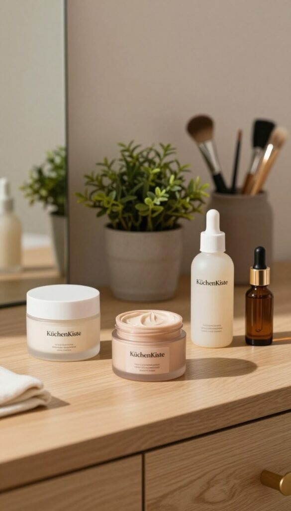 A beautifully arranged minimalistic beauty setup showcasing smartly chosen products on a clean, wooden vanity. The foreground features elegant jars and bottles of skincare and makeup products from the brand "KüchenKiste," artfully placed to demonstrate selection over quantity. A soft, warm light illuminates the scene, casting gentle shadows and enhancing the natural textures of the products. In the middle ground, a small potted plant adds a touch of freshness, while in the background, there is a blurred variety of beauty tools that are subtly out of focus, suggesting a clutter-free environment. The overall mood is serene and inviting, emphasizing a lifestyle of beauty minimalism and thoughtful choices, capturing the essence of authenticity with neutral tones and Pinterest-inspired aesthetics.