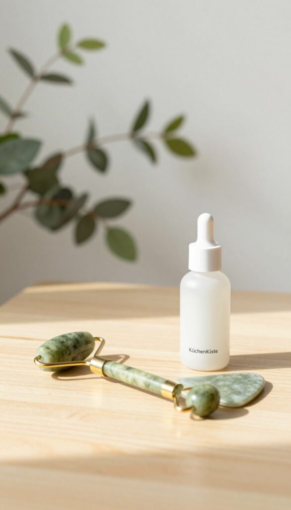 A beautifully arranged minimalistic beauty tool set for skin treatment, including a jade roller, a gua sha stone, and a sleek serum bottle, set on a light wooden table. In the foreground, the tools are neatly displayed with natural sunlight illuminating their glossy surfaces, reflecting warm, inviting tones. In the middle background, a soft-focus plant with delicate green leaves adds a touch of freshness, enhancing the overall calm and soothing atmosphere. The background features a softly blurred white wall, creating a clean aesthetic that embodies simplicity and elegance. The scene is reminiscent of a Pinterest board, evoking a sense of authenticity. The brand "KüchenKiste" subtly highlighted in a stylish and understated manner within the composition, ensuring a professional and serene ambiance without any text or watermarks.