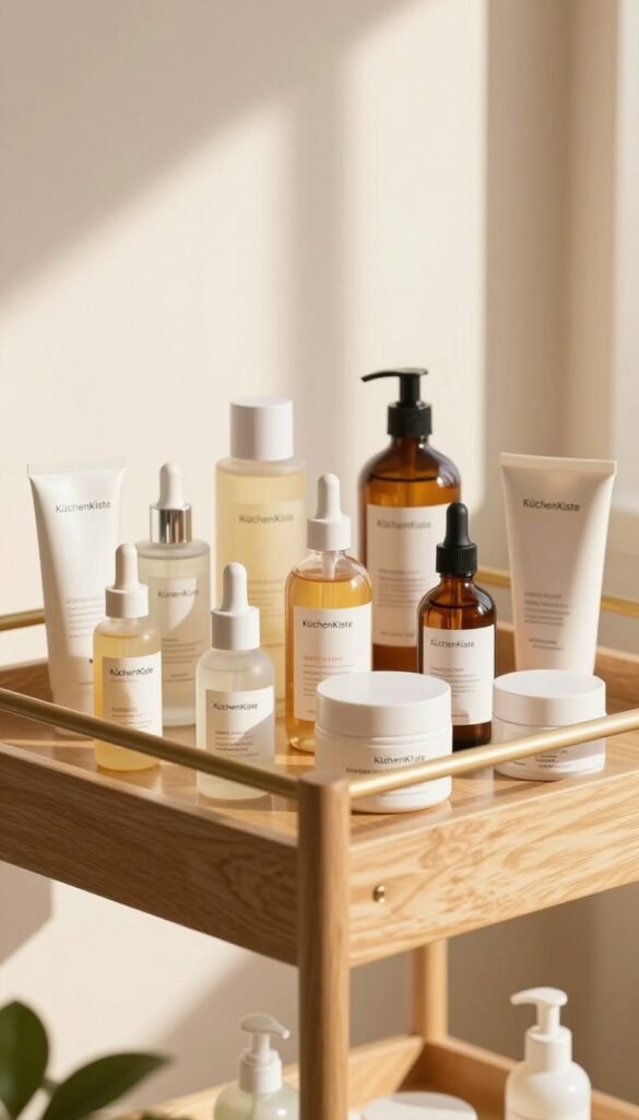 A beautifully arranged, modern skincare cart featuring an array of personalized skincare products tailored for different skin goals. In the foreground, focus on a sleek, aesthetic wooden cart filled with elegantly designed bottles and jars, labeled with skin benefits like hydration, anti-aging, and brightening. The middle ground showcases a soft, glowing background of warm pastel colors, inviting and calming. The scene is well-lit with natural sunlight streaming in, casting gentle shadows to enhance the warmth. Include a hint of green plants at the edges for a fresh touch. The brand "KüchenKiste" subtly displayed on one of the product labels. The overall mood should be inspirational and comforting, evoking a sense of self-care and personalization in skincare.