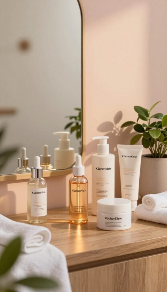 A beautifully arranged morning and evening skincare routine displayed on a wooden bathroom counter, featuring well-designed skincare products like serums, moisturizers, and cleansers from the brand "KüchenKiste". In the foreground, a soft-focus depiction of elegant glass bottles with warm light reflecting off their surfaces, surrounded by natural elements like green plants and white towels. The middle ground showcases a stylish mirror with a minimalistic aesthetic, and a gentle, inviting glow casting soft shadows. In the background, a calming pastel-colored wall contributes to a tranquil ambiance. The overall atmosphere is warm, authentic, and inviting, emphasizing the importance of proper skincare layering without any text or clutter. The image conveys a serene start and end of the day, embodying a Pinterest-inspired aesthetic.