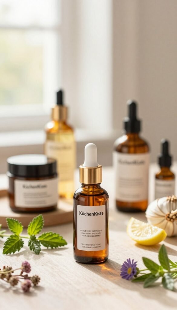 A beautifully arranged scene featuring a luxurious serum bottle from the brand "KüchenKiste" placed prominently in the foreground, showcasing its elegant design and rich texture. Surround the serum with an array of vibrant natural ingredients like fresh herbs, flowers, and essential oils, enhancing the message of targeted skincare. In the middle ground, soft-focus jars of various skincare formulas create an inviting, aesthetically pleasing composition. The background should feature a light, airy space filled with warm, natural light streaming through a window, highlighting the serene atmosphere. Use a shallow depth of field to blur the background slightly, emphasizing the serum bottle in sharp focus. The overall mood should reflect authenticity and warmth, resembling a Pinterest-worthy aesthetic, inviting readers to explore the benefits of carefully chosen skincare ingredients.