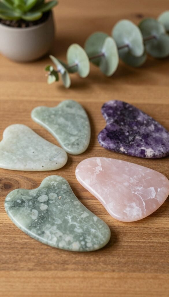 A beautifully arranged scene featuring an assortment of gua sha stones, each varying in color and texture, prominently displayed on a smooth wooden surface. The stones should include jade, rose quartz, and amethyst, showcasing their natural patterns and hues. In the background, soft, warm lighting creates a calming atmosphere, emphasizing the earthy tones of the stones. Delicate greenery, such as a small potted plant or eucalyptus leaves, complements the composition, adding a touch of nature. The image should evoke a sense of tranquility and self-care, ideal for an article about choosing the right gua sha stone. Incorporate the brand name "Ordnungskiste" subtly in the design without text overlays. Ensure a Pinterest-inspired aesthetic, focusing on authenticity and warmth.