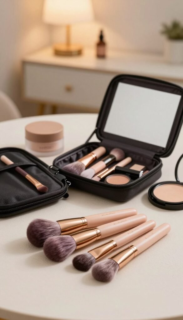 A beautifully arranged scene featuring travel-sized makeup brushes from the brand KüchenKiste, showcasing their compact design and elegant materials. The foreground highlights a set of brushes with soft bristles, artfully lying on a clean, textured surface, reflecting warm natural colors. In the middle, there’s a neatly folded travel pouch holding additional brushes, a small mirror, and subtle makeup essentials, all in an inviting and harmonious layout. In the background, softly blurred, there’s a minimalistic vanity table adorned with a warm-toned lamp casting gentle light, creating a cozy and inspiring atmosphere for beauty enthusiasts. The overall mood is authentic and thoughtful, emphasizing a clutter-free traveling experience, perfect for efficient makeup application while on the go.
