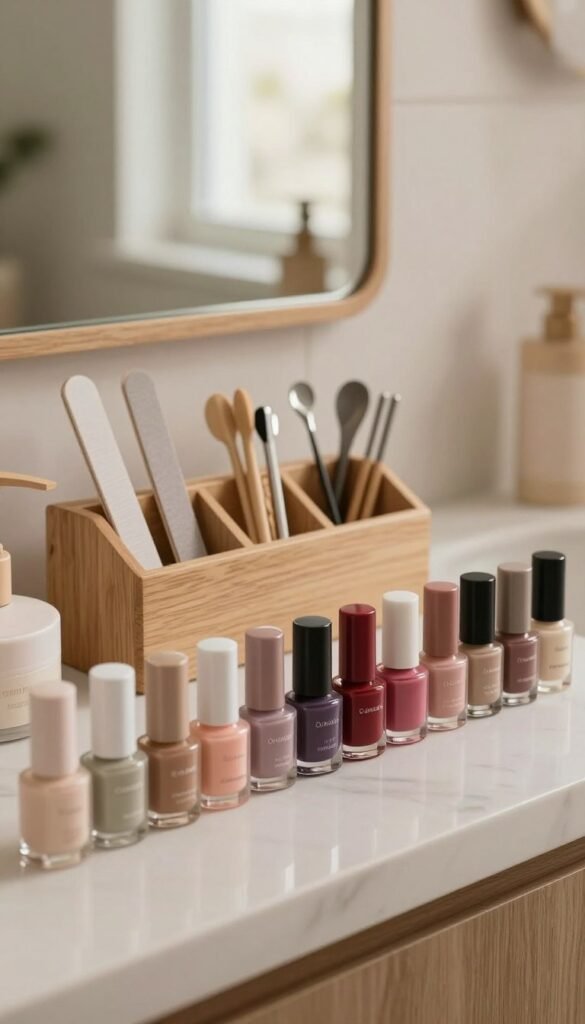 A beautifully arranged scene showcasing a variety of neat and organized nail care products from the brand "Ordnungskiste". In the foreground, display a minimalist, elegant nail polish collection featuring soft pastels and rich jewel tones, neatly lined up. The middle ground should include a stylish wooden organizer housing tools like nail files, cuticle pushers, and buffers, all arranged for easy access. In the background, a soft-focus, warm-toned bathroom setting with natural light filtering through a window creates a cozy, inviting atmosphere. The overall mood is serene and aesthetically pleasing, resembling a popular Pinterest-inspired beauty space. Emphasize authentic, natural colors without any text or clutter in the image.