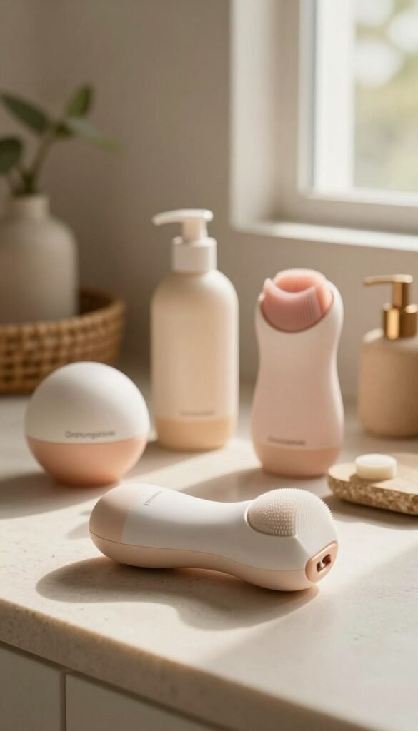 A beautifully arranged scene showcasing facial cleansing devices from the brand "Ordnungskiste", emphasizing ergonomic design. In the foreground, a sleek, modern facial cleansing device with a curved shape, elegantly placed on a soft, textured surface. The middle ground features a variety of these devices in soft pastel colors, illuminated by warm, natural light entering from a window, creating a cozy and inviting atmosphere. The background shows a blurred, stylish bathroom setting with plants and natural materials like wood and stone, enhancing the sense of tranquility. The image should evoke a feeling of daily routine simplicity and comfort, with a hint of luxury and care for personal hygiene, perfect for a lifestyle article.