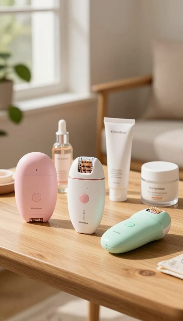 A beautifully arranged selection of IPL hair removal devices displayed on a soothing, light wooden table, with warm natural lighting filtering through a nearby window. In the foreground, focus on three devices with sleek designs—one in a soft pink, another in a classic white, and the last in a gentle mint green. The middle ground features elegant skincare products, like serums and creams, adding to the beauty routine vibe. In the background, a cozy living space with plants and neutral-toned fabrics creates an inviting atmosphere. The scene should exude authenticity and warmth, aligning with a Pinterest aesthetic. Incorporate the brand name "KüchenKiste" subtly in the product packaging without text overlapping. No people should be present in the image.