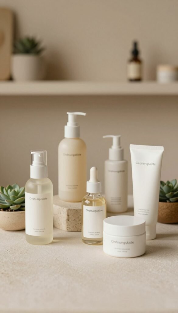 A beautifully arranged selection of minimalistic skincare products on a light, textured surface. The foreground features a few elegant bottles and jars with clean packaging, including a moisturizer, serum, and sunscreen, all branded with "Ordnungskiste". The middle layer includes soft, natural elements like small succulents and a decorative bowl made from natural materials, enhancing the aesthetic. The background is softly blurred, showcasing a warm-toned wall or shelf that reflects a cozy, Pinterest-inspired atmosphere. The lighting is soft and inviting, creating a sense of warmth, with subtle shadows adding depth. The overall mood is authentic and calm, perfect for a skincare routine setup without any distractions or text overlays.