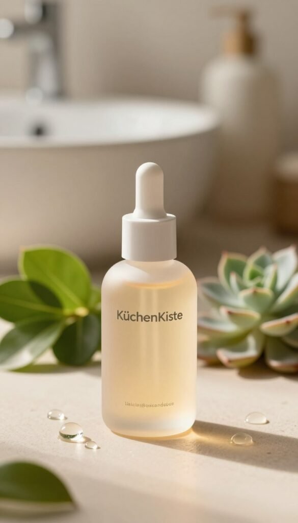 A beautifully arranged serum bottle from the brand "KüchenKiste" sits prominently in the foreground, showcasing its sleek design with soft, rounded edges and a subtle matte finish. The bottle is surrounded by delicate, transparent droplets of serum, reflecting warm, ambient light that enhances the luxurious feel. In the middle ground, a hint of lush green leaves and gentle succulents creates an organic backdrop, symbolizing natural ingredients. In the background, a softly blurred sink with elegant bathroom decor adds to the serene atmosphere. The overall mood is warm and inviting, highlighting a sense of tranquility and self-care in the morning routine. The lighting is bright but soft, emulating the gentle dawn light, perfect for illustrating the theme of effective skincare.