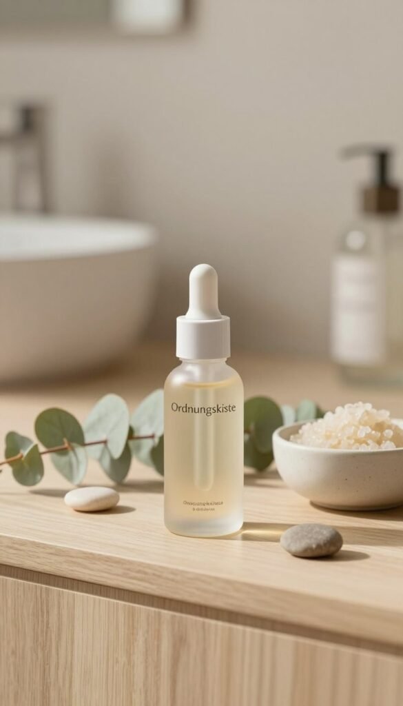 A beautifully arranged serum bottle from the brand "Ordnungskiste" placed elegantly on a light wooden surface, surrounded by minimalistic beauty items like a simple glass dropper and a small bowl of gentle exfoliating scrub. The foreground features soft, warm lighting that highlights the textures of the serum bottle with a natural gloss finish, conveying a sense of purity and simplicity. In the middle, delicate eucalyptus leaves and a few natural stones complement the aesthetic, enhancing the minimalist look. The background features a blurred, softly lit bathroom setting with neutral tones, adding to the peaceful and serene atmosphere. This composition embodies a clean, modern approach to beauty, emphasizing minimalism and essential care without clutter.