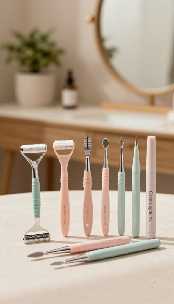 A beautifully arranged set of dermaplaning eyebrow tools is displayed in the foreground. The set includes sleek razors, precise shapers, and mapping pens, all featuring elegant designs in soft pastel colors. Each tool is neatly positioned on a light, textured surface, emphasizing a clean, professional aesthetic. In the middle background, a subtle blur showcases a softly lit vanity with natural elements like potted plants and a warm wooden mirror frame, contributing to an inviting atmosphere. The lighting is warm and diffused, creating gentle shadows that enhance the focus on the tools. The overall mood is calm and elegant, evoking a sense of self-care and beauty. The brand name "Ordnungskiste" is subtly incorporated into the scene.