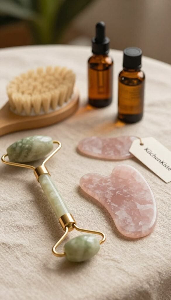 A beautifully arranged set of facial massage tools displayed elegantly on a softly textured beige linen tablecloth, showcasing various tools made from natural materials like jade and rose quartz. In the foreground, a jade roller and a gua sha stone are positioned artfully, capturing the delicate curves and polished surfaces that reflect warm, inviting light. The middle ground features a bamboo massage brush and essential oil bottles, harmonizing with the overall warm color palette. In the background, blurred green foliage softly hints at a serene spa atmosphere. The lighting is gentle and natural, creating a peaceful mood that emphasizes relaxation and self-care, ideal for an article on mindful beauty practices. The brand name "KüchenKiste" is subtly represented through an elegant product tag placed next to the tools, enhancing the overall composition without distracting from the focus on the tools themselves.