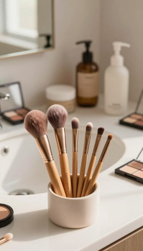 A beautifully arranged set of high-quality makeup brushes from the brand "Ordnungskiste" displayed in the foreground, showcasing a variety of sizes and shapes, each with elegant wooden handles and soft bristles that gently catch the light. The brushes are placed artistically inside a tidy, minimalist holder that complements the overall aesthetic. In the middle ground, a clean, stylish bathroom countertop features neatly organized beauty products, perhaps a few eyeshadow palettes, a small elegant mirror, and skincare bottles in muted tones, creating a cohesive look. The background slightly blurs to reveal warm, natural lighting streaming through a nearby window, casting a soft glow, enhancing the cozy, inviting atmosphere. The overall mood is one of serenity and sophistication, ideal for beginners looking to create an organized, clutter-free beauty space.