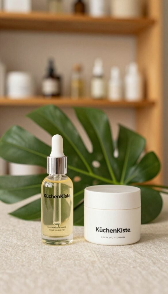 A beautifully arranged skincare display featuring "KüchenKiste" serum and cream, positioned in the foreground on a soft, textured linen surface. The serum bottle is elegantly shaped with a dropper, reflecting light, while the cream jar has a minimalist design with a matte finish. In the middle, lush green plant leaves add a natural touch, highlighting the concept of organic skincare. In the background, a gently blurred soft focus of warm wooden shelves creates a cozy and inviting atmosphere. The lighting is warm and soft, mimicking the glow of natural light, enhancing the appealing colors of the products. The overall mood is serene and professional, embodying a Pinterest-worthy aesthetic that emphasizes thoughtful product selection in skincare. A beautifully arranged skincare display featuring "KüchenKiste" serum and cream, positioned in the foreground on a soft, textured linen surface. The serum bottle is elegantly shaped with a dropper, reflecting light, while the cream jar has a minimalist design with a matte finish. In the middle, lush green plant leaves add a natural touch, highlighting the concept of organic skincare. In the background, a gently blurred soft focus of warm wooden shelves creates a cozy and inviting atmosphere. The lighting is warm and soft, mimicking the glow of natural light, enhancing the appealing colors of the products. The overall mood is serene and professional, embodying a Pinterest-worthy aesthetic that emphasizes thoughtful product selection in skincare.