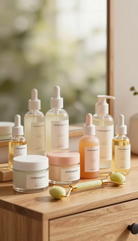 A beautifully arranged skincare routine display featuring a variety of effective skincare ingredients laid out on a wooden vanity. In the foreground, elegant glass jars and bottles labeled with their active ingredients like hyaluronic acid, retinol, and vitamin C, all in soft pastel tones. In the middle, a neatly organized face roller and applicator tools add a touch of sophistication. The background features a warm, inviting atmosphere with a softly blurred natural environment, like a sunlit window with greenery outside, evoking a sense of calm. The warm colors create an inviting mood, reminiscent of a Pinterest aesthetic. The brand name "Ordnungskiste" subtly integrated into the scene, reflecting authenticity without any text or logos. Ensure a professional vibe with no human subjects in the image.