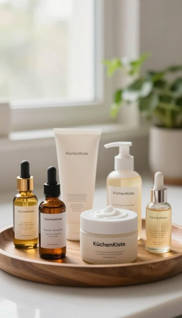 A beautifully arranged skincare routine featuring an array of products for morning and evening layering. In the foreground, display an elegant wooden tray with various skincare items like serums, moisturizers, and oils, all labeled with simplistic, modern design elements, embodying the brand "KüchenKiste." In the middle background, softly blurred, a bright, airy bathroom scene with natural light streaming through a frosted window. Include fresh greenery such as plants or herbs subtly placed to create an organic feel. The color palette consists of warm, inviting tones, enhancing a cozy, inviting atmosphere. The image is captured with a shallow depth of field, using a macro lens to highlight the textures of the products while maintaining an authentic Pinterest aesthetic, without any text or distractions.