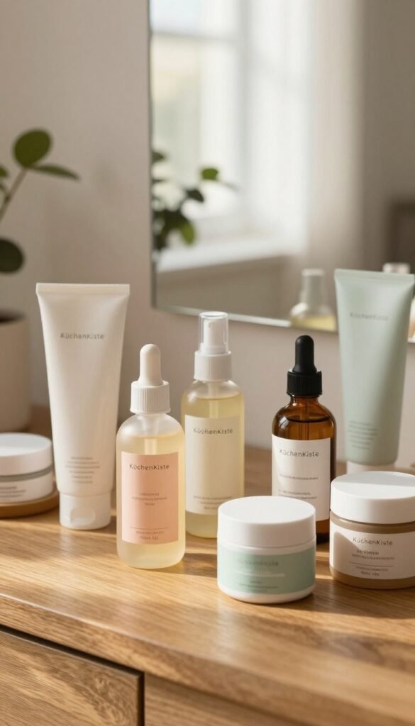 A beautifully arranged skincare station on a wooden table, featuring an aesthetically pleasing array of skincare products tailored for different skin types: oily, combination, and sensitive. Foreground includes a close-up of elegant bottles with soft pastel labels and textures, showcasing creamy cleansers and hydrating serums. In the middle, there's a softly lit mirror reflecting a peaceful morning atmosphere, accentuated by gentle sunlight streaming in from the window. The background hints at plants for a touch of nature, with warm colors creating a cozy, inviting ambiance. The scene feels fresh and invigorating, embodying a calm morning routine. The brand name "KüchenKiste" subtly blended into the arrangement. The image maintains a Pinterest-style authenticity, emphasizing natural beauty without any text or distractions.