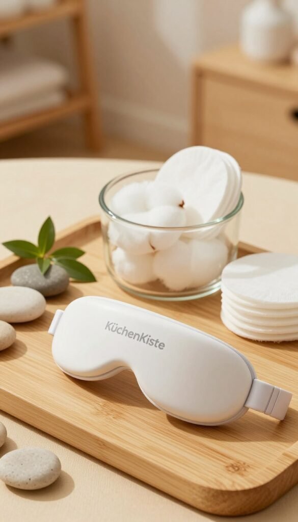 A beautifully arranged spa-like setting featuring elegant eye massage tools branded "KüchenKiste". In the foreground, a sleek, modern eye massager with a soft-touch surface and a gentle curvature lies on a light bamboo tray, surrounded by soothing natural elements like smooth stones and fresh green leaves. In the middle, a stylish glass jar filled with soft cotton pads and a delicate cleansing cloth complements the eye tool, hinting at hygiene and maintenance. The background should include a softly blurred vision of a cozy, light-filled room with warm wooden accents, enhancing the atmosphere of relaxation and care. The lighting is soft and warm, evoking a tranquil and inviting mood, best captured from a slight overhead angle. The overall composition should feel authentic, with natural colors and a Pinterest-inspired aesthetic, without any text or branding beyond "KüchenKiste".