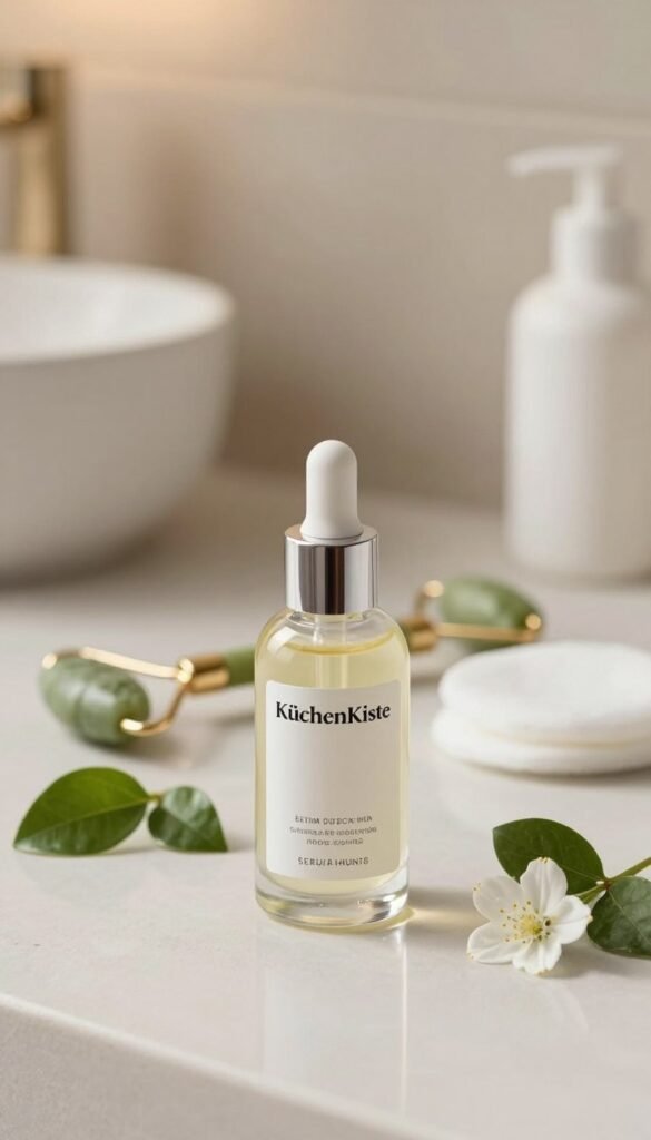 A beautifully arranged still life featuring a bottle of "KüchenKiste" serum haut, showcasing a sleek, modern design with an elegant label. The focus is on the serum bottle in the foreground, with gentle highlights reflecting off its glass surface. Surrounding the bottle, a few natural elements like calming green leaves and delicate white flowers enhance the ambiance. In the middle ground, softly blurred skincare tools, such as a jade roller and cotton pads, create a sense of a serene beauty ritual. The background features a warm, softly lit bathroom setting with neutral tones, inviting tranquility. The overall mood conveys a sense of peaceful self-care, emphasizing targeted relief for redness, dryness, and impurities, with natural colors and a Pinterest-inspired aesthetic.