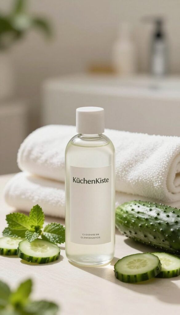 A beautifully arranged still life featuring a clear glass bottle of "KüchenKiste" cleansing toner, prominently placed in the foreground. The bottle has a minimalist design with a sleek label. Surrounding it are fresh ingredients like slices of cucumber and sprigs of mint, adding a natural touch. In the middle ground, a soft, fluffy white towel is gently draped, suggesting a spa-like ambiance. The background features a blurred, softly lit bathroom setting with hints of greenery from plants, enhancing the serene atmosphere. Warm, natural lighting floods the scene, casting gentle shadows and creating a calming mood that invites relaxation. The overall composition should evoke a sense of freshness and wellness, ideal for skincare enthusiasts.