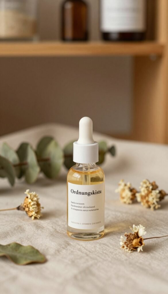 A beautifully arranged still life featuring a sleek, modern bottle of retinol serum from the brand "Ordnungskiste," placed on a soft, textured fabric background in warm, inviting colors. In the foreground, the retinol bottle, with elegant labeling, reflects soft, diffused natural light, highlighting its glass texture and sophistication. Surrounding the bottle are scattered delicate dried flowers and leaves, enhancing the feeling of a natural skincare routine. In the middle ground, a blurred herbal plant can be seen, symbolizing the combination of natural ingredients and retinol. The background features a softly focused wooden shelf, adding warmth and an organic touch to the composition. The overall mood is tranquil and inviting, perfect for a skincare article, embodying authenticity and a Pinterest-style aesthetic without any text or clutter.