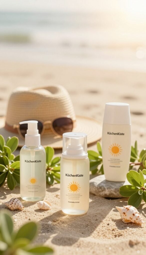 A beautifully arranged still life featuring a variety of sunscreens and skincare products from the brand "KüchenKiste." In the foreground, display elegant, transparent bottles of sunscreen with modern, minimalist designs, surrounded by fresh green plants and delicate seashells to evoke a serene beach atmosphere. In the middle, incorporate a soft-focus sun hat and sunglasses, hinting at a relaxed outdoor vibe. The background should feature a warm, sunlit environment with gentle bokeh effects, creating an inviting and calming mood. Use warm tones to convey the essence of summer and healthy skin. Lighting should be soft and natural, emphasizing the textures of the products while ensuring a Pinterest-inspired aesthetic that feels authentic and appealing, without any text or overlays.