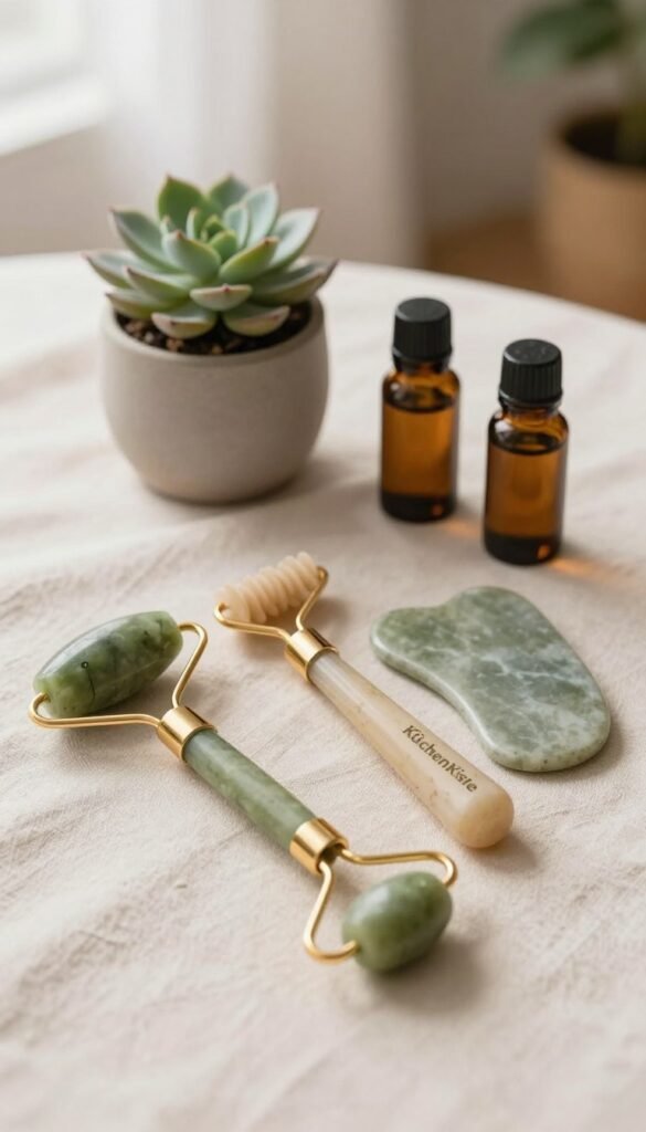 A beautifully arranged still life showcasing a selection of facial massage tools from the brand "KüchenKiste". In the foreground, feature several tools like a jade roller, guasha stone, and silicone massager, each with intricate detailing and natural textures. Arrange them on a soft, neutral-colored fabric to add depth. In the middle ground, incorporate elements like potted succulents and essential oils, enhancing the relaxing atmosphere. The background should softly fade into a warm, inviting space, with gentle natural light highlighting the tools, creating a serene mood. No people or text present, emphasizing the aesthetic appeal and functionality of each tool in a cozy, Pinterest-inspired setting.