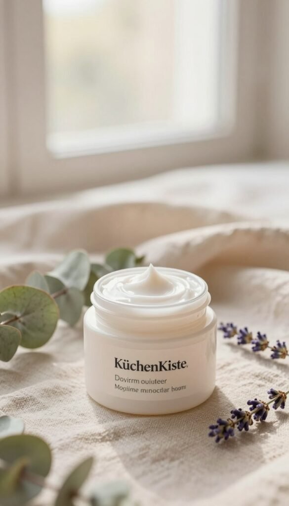 A beautifully arranged tabletop scene featuring a luxurious jar of "KüchenKiste" daytime moisturizer, emphasizing its creamy texture. The foreground focuses on the cream jar, surrounded by delicate sprigs of botanical elements like eucalyptus and lavender, showcasing a sense of natural skincare. The middle ground features a soft, textured linen cloth, enhancing the product's elegance and warmth. In the background, a softly blurred window lets in gentle morning light that warms the color palette with shades of soft beige and light pastels. This creates a serene and inviting atmosphere, perfect for a morning skincare routine. Capture this scene with a shallow depth of field to draw attention to the moisturizer while maintaining an aesthetic Pinterest look, ensuring the image is authentic and devoid of any text or distractions.